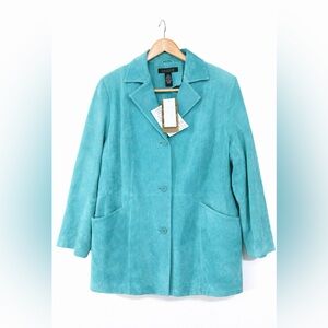 Dialogue Women’s Suede Jacket Teal Blue Size 1X NWT Button Front‎ Leather Coat